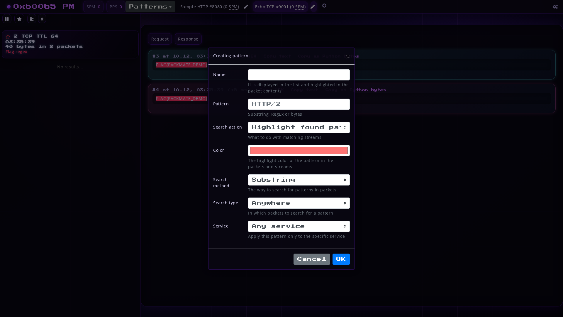 Screenshot of pattern creation window