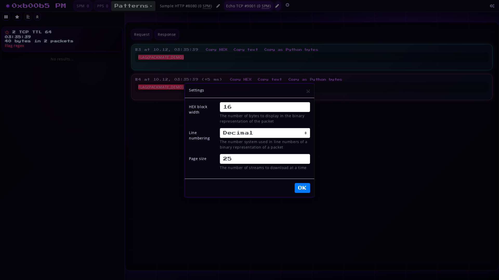 Screenshot of settings