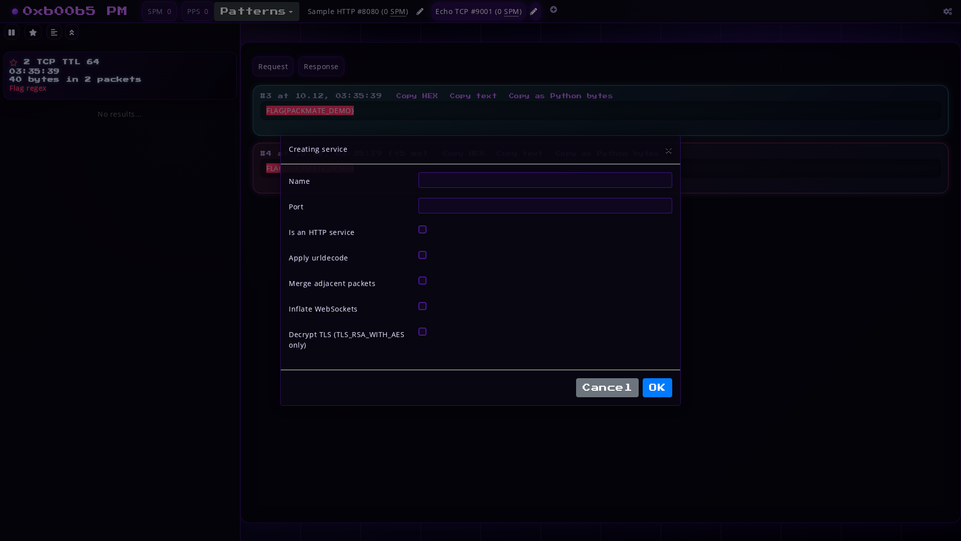 Screenshot of service creation window