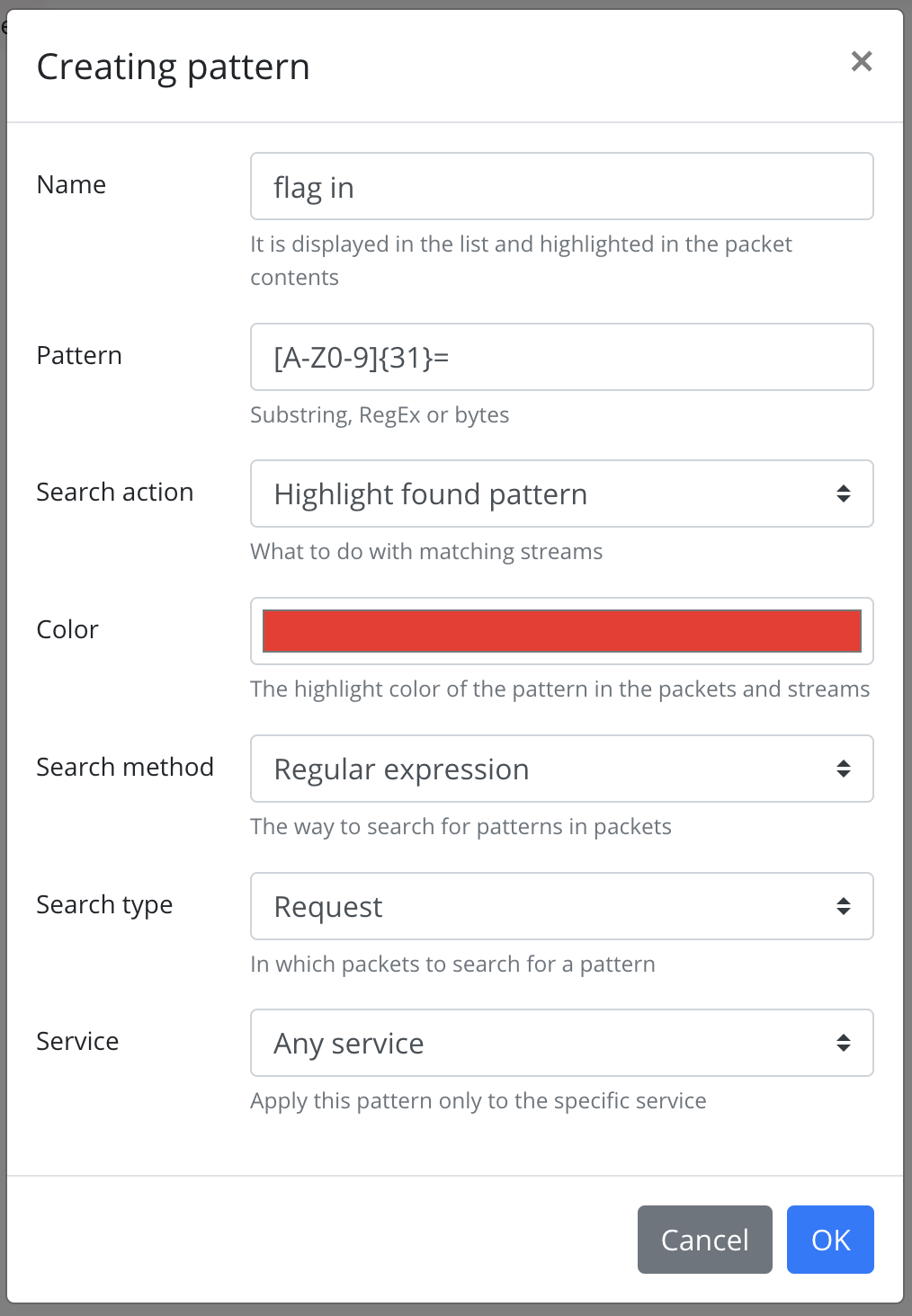 Screenshot of pattern creation window