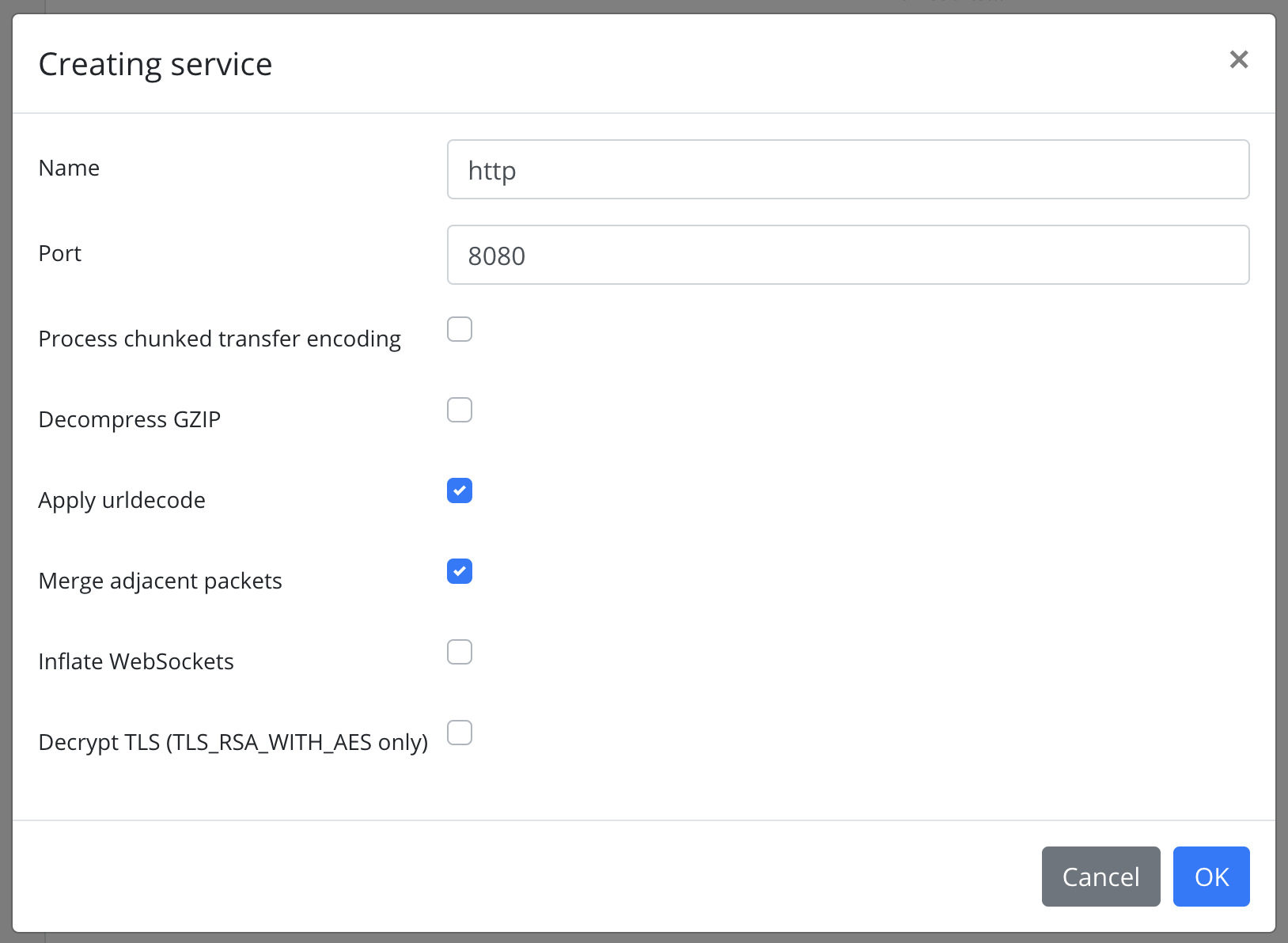 Screenshot of service creation window